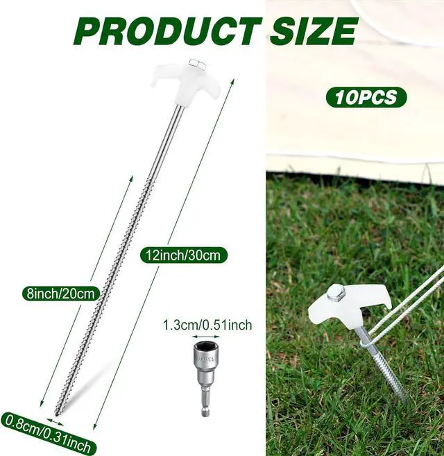 Alt view image 2 of 7 - Hicarer 20 Pcs 12" Heavy Duty Screw Tent Stakes, Luminous White