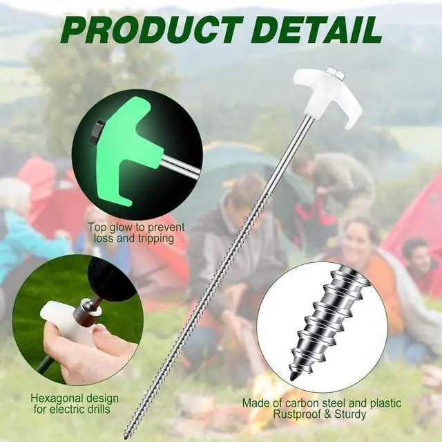 Alt view image 3 of 7 - Hicarer 20 Pcs 12" Heavy Duty Screw Tent Stakes, Luminous White