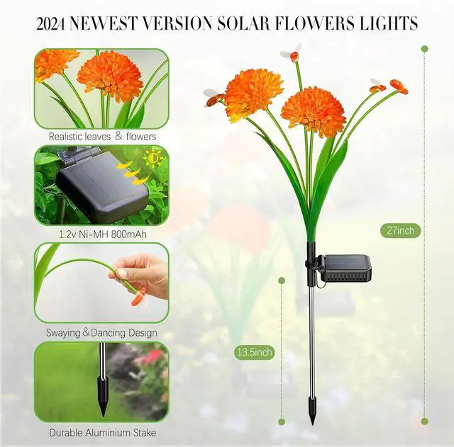Alt view image 2 of 7 - Solar Garden Lights, 4 Pack Solar Swaying Bee Lights with Flowers, Waterproof Firefly Light Outdoor for Garden Patio Yard Pathway Fall Decoration Gifts for Women Mother's Day