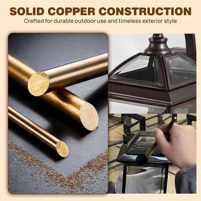 Alt view image 4 of 7 - Solid Copper Outdoor Wall Light, 18.5" Oil Rubbed Bronze Porch Lantern with Clear Beveled Glass, Exterior Wall Sconce for Front Door, Garage, Patio & Entryway, Weather Resistant, E26 Base