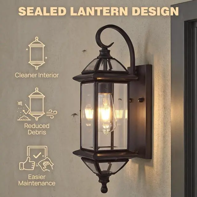 Alt view image 5 of 7 - Solid Copper Outdoor Wall Light, 18.5" Oil Rubbed Bronze Porch Lantern with Clear Beveled Glass, Exterior Wall Sconce for Front Door, Garage, Patio & Entryway, Weather Resistant, E26 Base