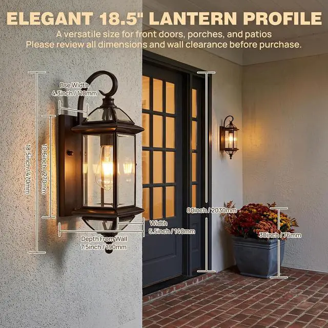 Alt view image 6 of 7 - Solid Copper Outdoor Wall Light, 18.5" Oil Rubbed Bronze Porch Lantern with Clear Beveled Glass, Exterior Wall Sconce for Front Door, Garage, Patio & Entryway, Weather Resistant, E26 Base