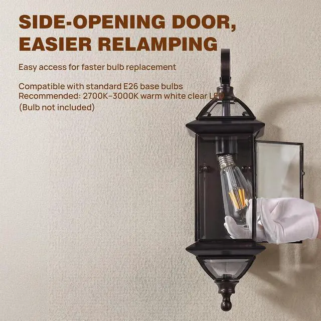 Alt view image 7 of 7 - Solid Copper Outdoor Wall Light, 18.5" Oil Rubbed Bronze Porch Lantern with Clear Beveled Glass, Exterior Wall Sconce for Front Door, Garage, Patio & Entryway, Weather Resistant, E26 Base