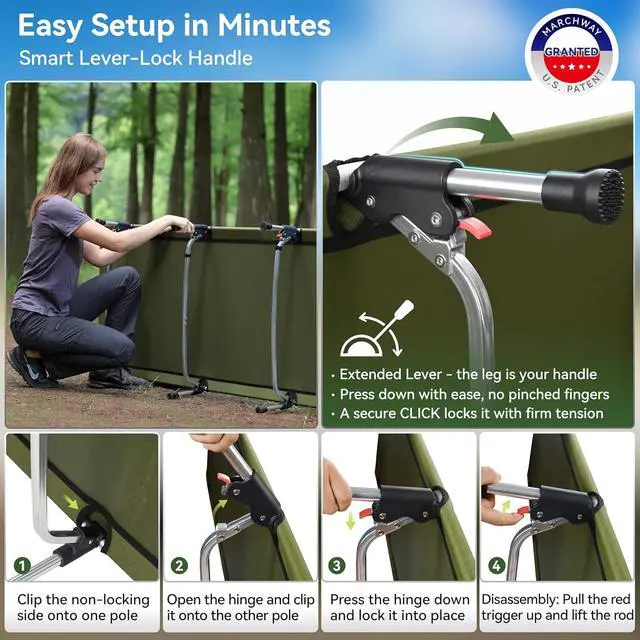 Alt view image 3 of 7 - MARCHWAY Lightweight Folding Tent Camping Cot Bed with Lever Lock, Easy Setup Portable Compact for Outdoor Travel, Hunting, Hiking, Motorcycling, Support 330Lbs (Army Green)