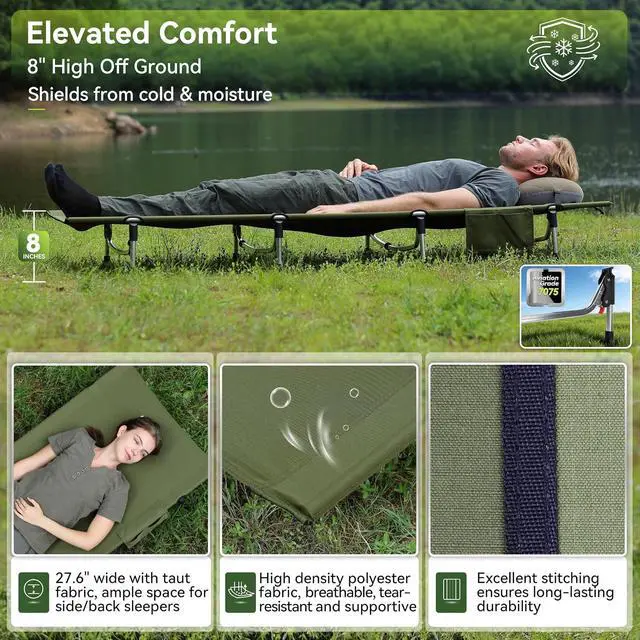 Alt view image 5 of 7 - MARCHWAY Lightweight Folding Tent Camping Cot Bed with Lever Lock, Easy Setup Portable Compact for Outdoor Travel, Hunting, Hiking, Motorcycling, Support 330Lbs (Army Green)