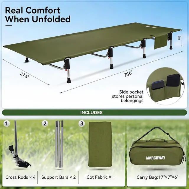 Alt view image 7 of 7 - MARCHWAY Lightweight Folding Tent Camping Cot Bed with Lever Lock, Easy Setup Portable Compact for Outdoor Travel, Hunting, Hiking, Motorcycling, Support 330Lbs (Army Green)