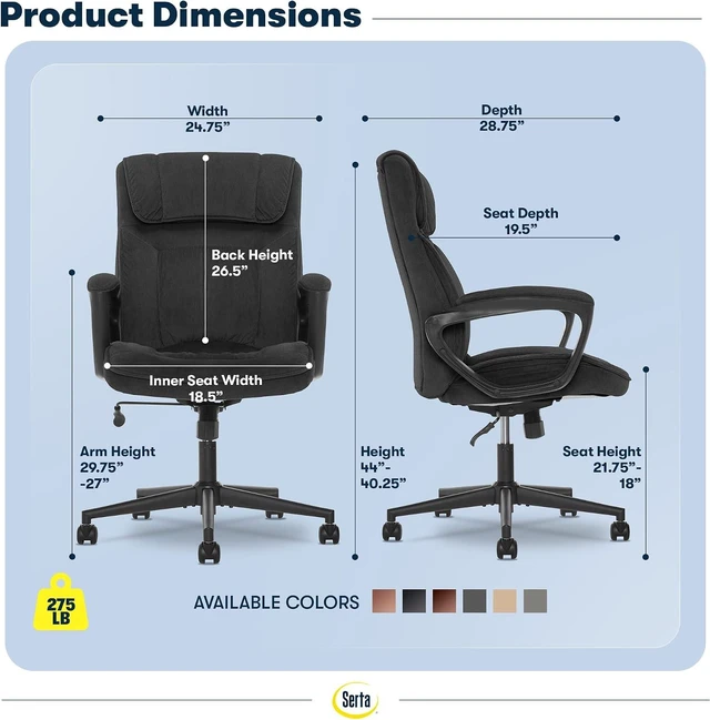 Alt view image 2 of 7 - Serta Executive Office Chair Lumbar Support, Padded Arms Microfiber Chair