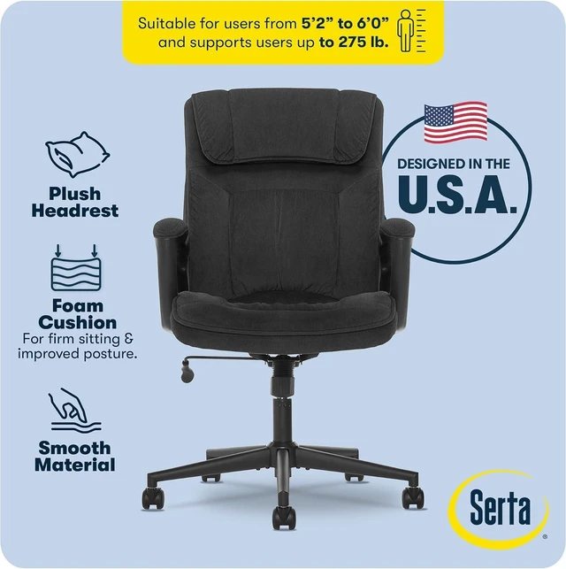 Alt view image 3 of 7 - Serta Executive Office Chair Lumbar Support, Padded Arms Microfiber Chair