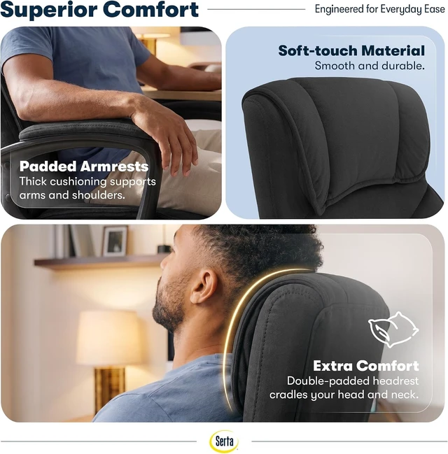 Alt view image 6 of 7 - Serta Executive Office Chair Lumbar Support, Padded Arms Microfiber Chair