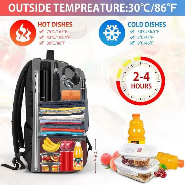 Alt view image 2 of 7 - Lunch Backpack, 17.3 Inch Laptop Backpack with USB Charging Port 50L Travel Backpack for Men Women Work Backpack with Insulated Bag Waterproof Computer Backpack for College School Business, Black