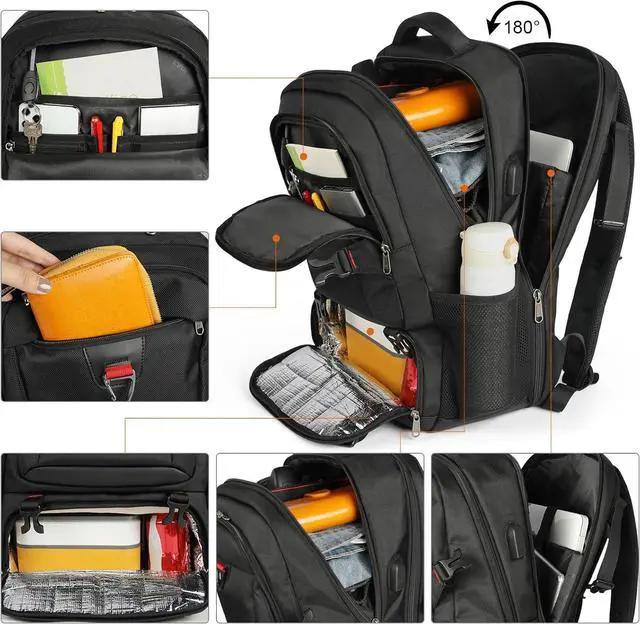 Alt view image 3 of 7 - Lunch Backpack, 17.3 Inch Laptop Backpack with USB Charging Port 50L Travel Backpack for Men Women Work Backpack with Insulated Bag Waterproof Computer Backpack for College School Business, Black