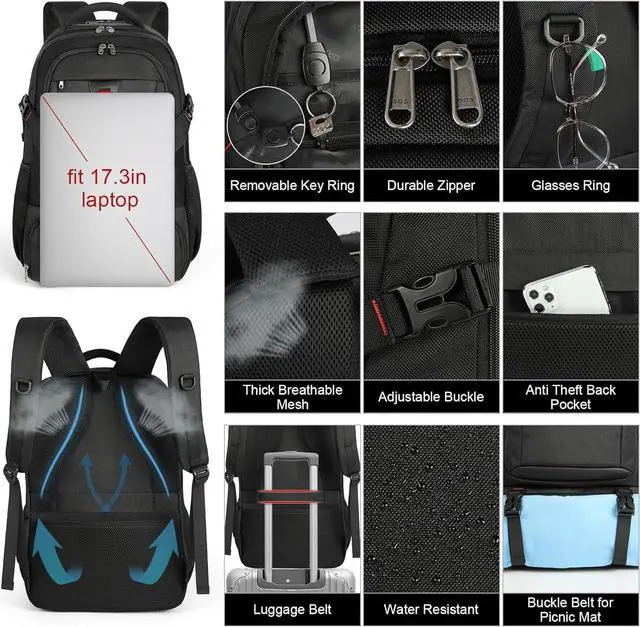 Alt view image 5 of 7 - Lunch Backpack, 17.3 Inch Laptop Backpack with USB Charging Port 50L Travel Backpack for Men Women Work Backpack with Insulated Bag Waterproof Computer Backpack for College School Business, Black