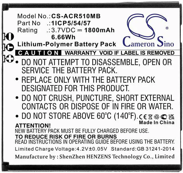 Alt view image 3 of 4 - CS Battery for AC310, AC315, AC417, AC510, AC517 PN: 1ICP5/54/57 1800mAh / 6.66Wh