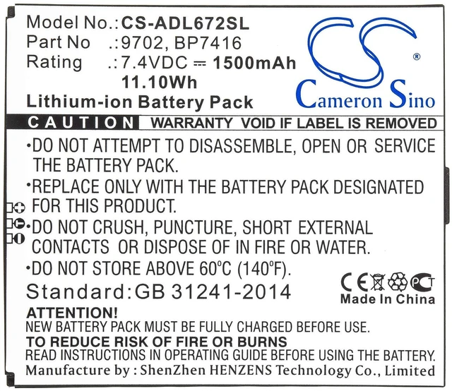 Alt view image 3 of 3 - 1500mAh / 11.10Wh Replacement Battery for 672, ADT 672 PN: 9702, BP7416