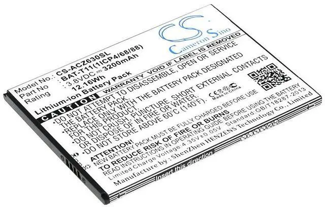 Main image of Cameron Sino battery for  Liquid Z630, Liquid Z630S, T04 PN:  BAT-T11, BAT-T11(1ICP4/68/88), KT.0010S.018   3200mAh / 12.16Wh