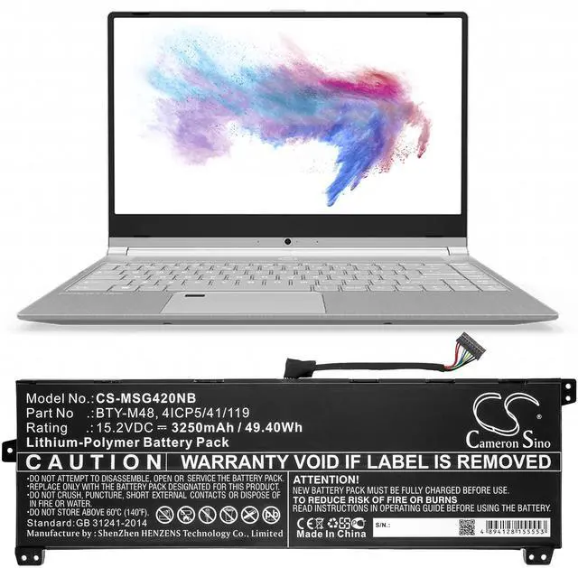 Main image of Cameron Sino battery for  i5 8250U 256GB, i5 8250U 8GB, i7 8550U 256GB, i7 8550U 8GB, S1, S1-C1   PN:   4ICP5/41/119, BTY-M48    3250mAh / 49.40Wh