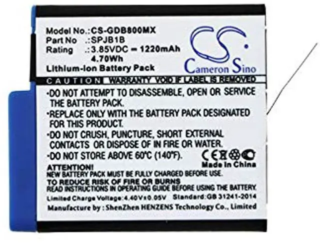 Alt view image 3 of 3 - Cameron Sino Battery for GoPro HD8.01, Hero 5 Black, Hero 6 Black, Hero 7 Black, Hero 7 White, Hero 8, Hero 8 Black PN:GoPro 601-10197-00, 601-27537-000, AHDBT-801, SPJB1B 1220mAh / 4.70Wh