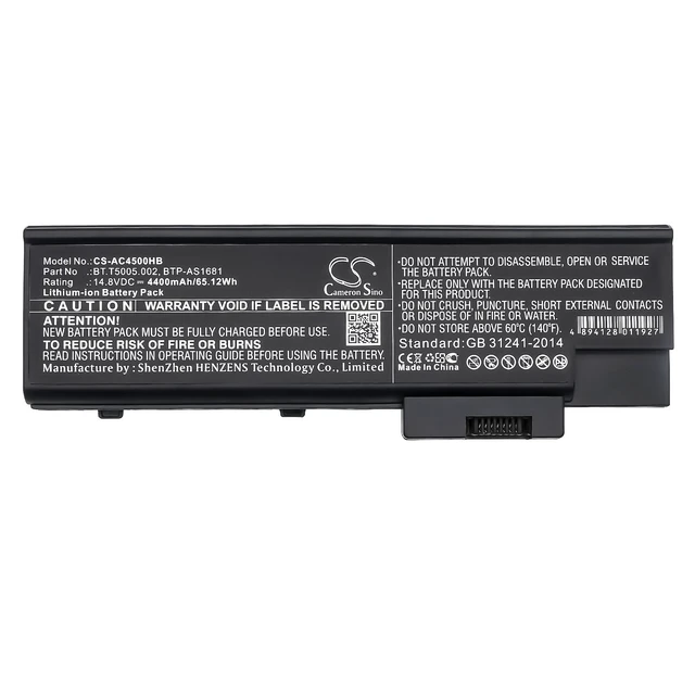Alt view image 5 of 5 - CS Replacement Battery for Acer Aspire 1640LC,Aspire 1691,Aspire 3002NWLCi,Aspire 5001WLCi, PN:BT.T5005.002 4400mAh / 65.12Wh