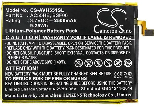 Alt view image 3 of 4 - CS Replacement Battery for Archos 55 Helium Ultra,A55 Helium PN:AC55HE,BSF06 2500mAh / 9.25Wh