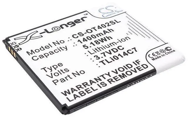 Main image of CS Replacement Battery for Alcatel One Touch Pixi First,OT-4024,OT-4024D,OT-4024X PN:TLi014C7,TLP020A2 1400mAh / 5.18Wh