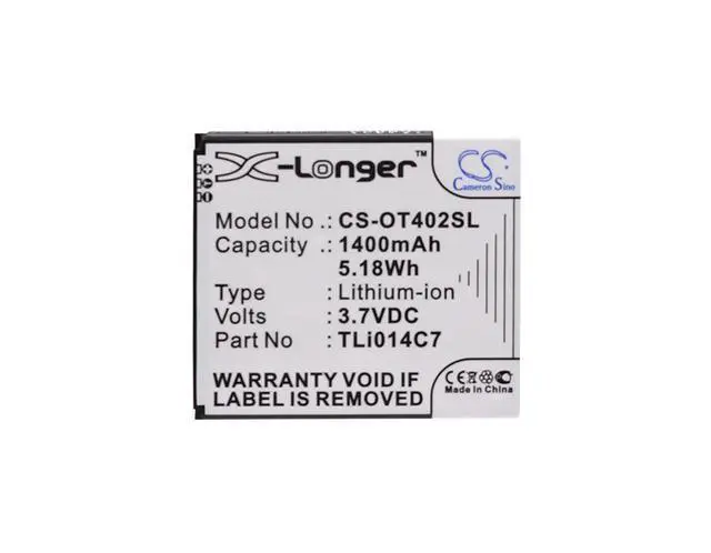 Alt view image 5 of 5 - CS Replacement Battery for Alcatel One Touch Pixi First,OT-4024,OT-4024D,OT-4024X PN:TLi014C7,TLP020A2 1400mAh / 5.18Wh