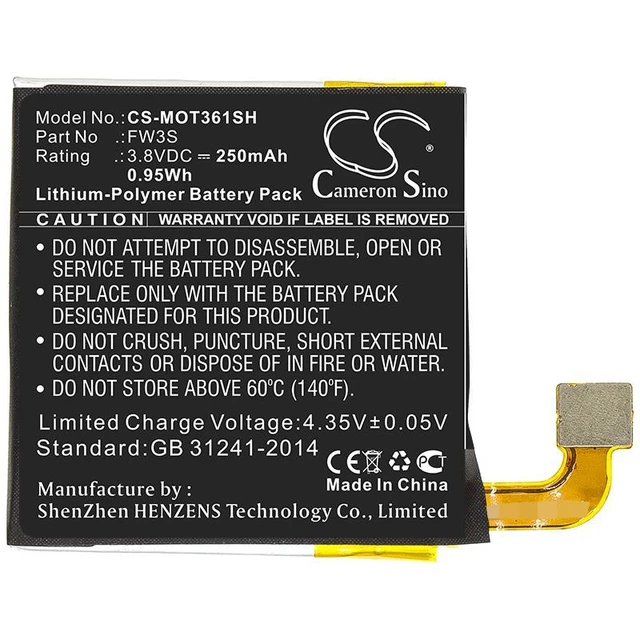 Alt view image 3 of 4 - CS Replacement Battery for Motorola Moto 360 2nd,Moto 360 2rd PN:FW3S 250mAh / 0.95Wh