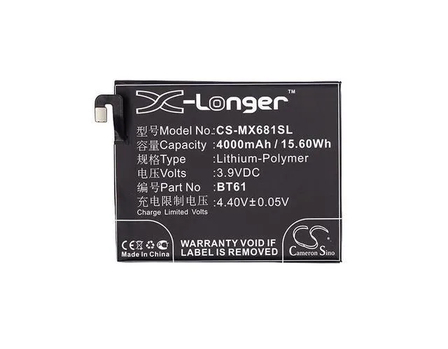 Alt view image 5 of 5 - CS Replacement Battery for MeiZu L681C,L681Q,L681H,M3 Note,Meilan Note 3,M3 Note Dual SIM,M3 Note Du PN:BT61 4000mAh / 15.6Wh