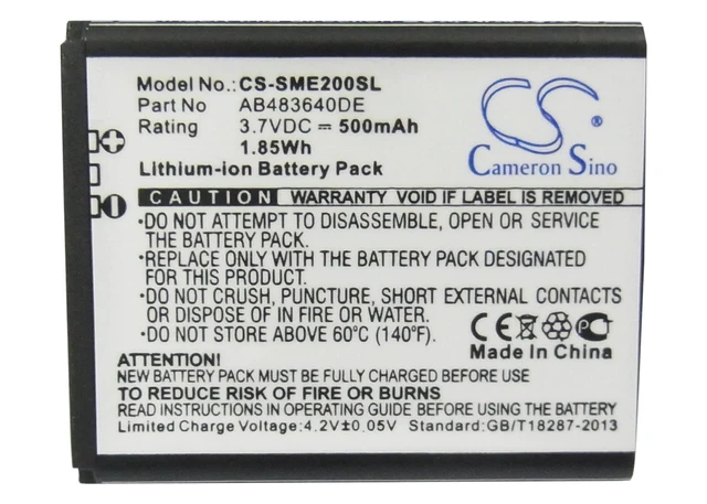 Alt view image 5 of 5 - CS Replacement Battery for Samsung SGH-E200,SGH-E208,SCH-S259,SGH-J150,E200 Eco PN:AB483640DE,AB483640DU,AB48 500mAh / 1.85Wh