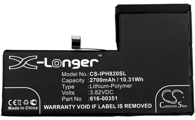 Alt view image 3 of 4 - CS Replacement Battery for Apple iPhone X,MQA62LL/A,MQA92LL/A,MQA82LL/A,MQA52LL/A PN:616-00351 2700mAh / 10.31Wh