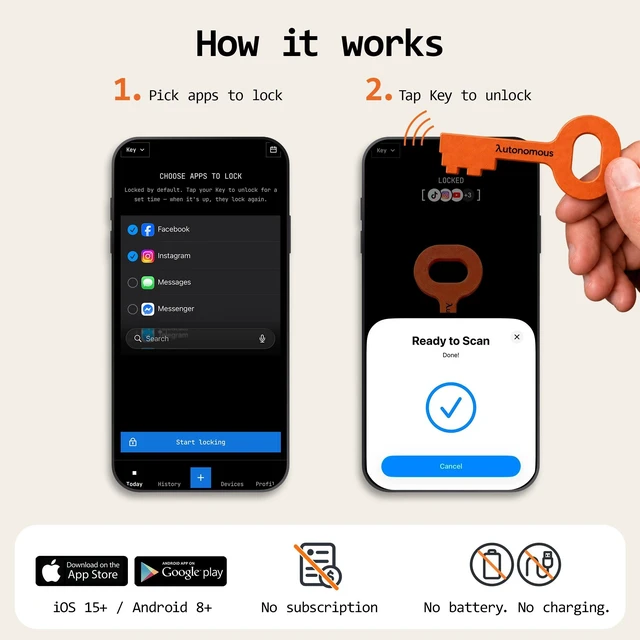Alt view image 2 of 7 - Autonomous Key App Blocker for iPhone & Android, NFC Screen Time Tool with AI Insights, No Subscription, Blue