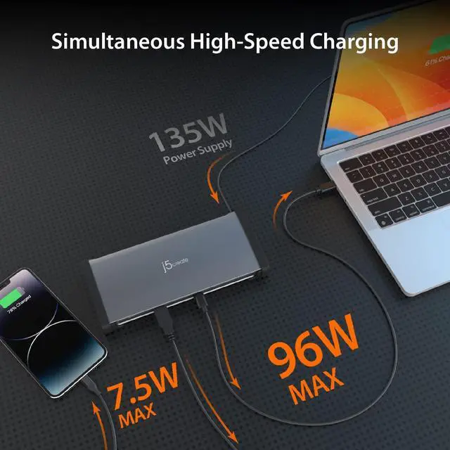 Alt view image 6 of 7 - j5create 8K Thunderbolt 4 Docking Station with Max 96W Charging, Single 8K60 or Dual 4K60 Display, Thunderbolt 4 40Gbps, USB 10Gbps, Gigabit Ethernet, SD 4.0, Audio Combo (JTD562)