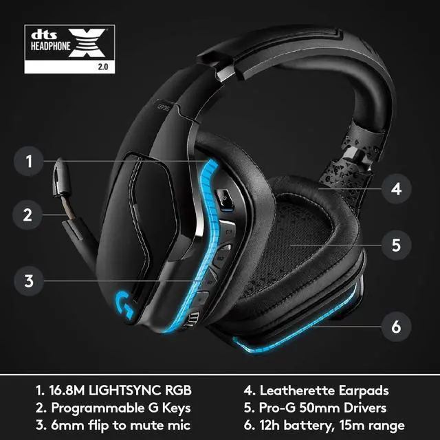 Alt view image 19 of 20 - Logitech - G935 Wireless 7.1 Surround Sound Over-the-Ear Gaming Headset for PC with LIGHTSYNC RGB Lighting - Black/Blue