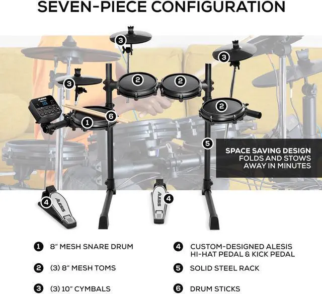 Alt view image 3 of 7 - Alesis Turbo Mesh Kit Electric Drum Set With 100+ Sounds, Quiet Mesh Drum Pads, Drum Sticks, Connection Cables, Drum Lessons