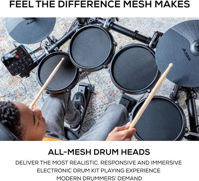 Alt view image 2 of 7 - Alesis Turbo Mesh Kit Electric Drum Set With 100+ Sounds, Quiet Mesh Drum Pads, Drum Sticks, Connection Cables, Drum Lessons