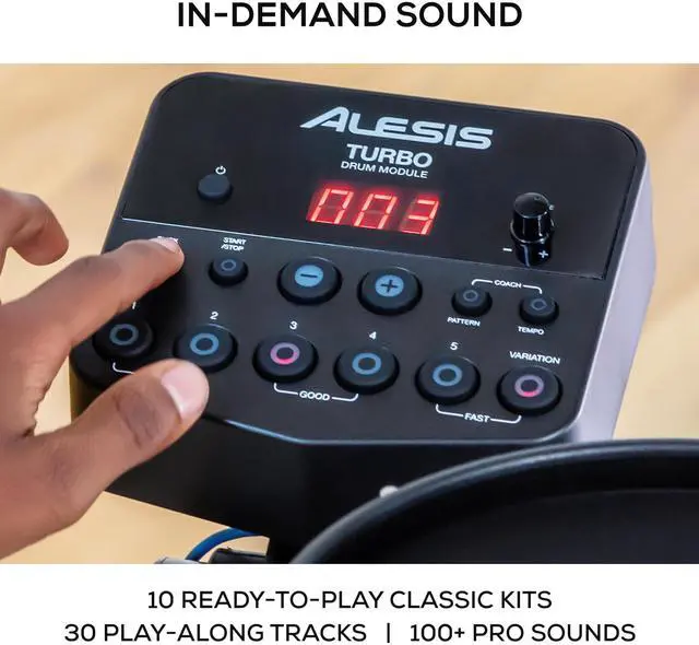Alt view image 4 of 7 - Alesis Turbo Mesh Kit Electric Drum Set With 100+ Sounds, Quiet Mesh Drum Pads, Drum Sticks, Connection Cables, Drum Lessons