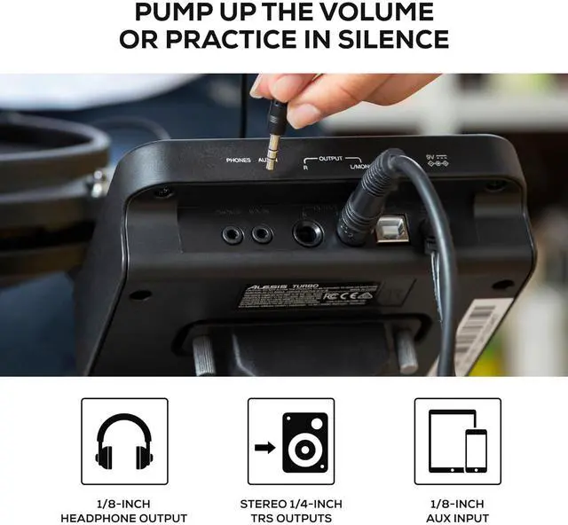 Alt view image 7 of 7 - Alesis Turbo Mesh Kit Electric Drum Set With 100+ Sounds, Quiet Mesh Drum Pads, Drum Sticks, Connection Cables, Drum Lessons