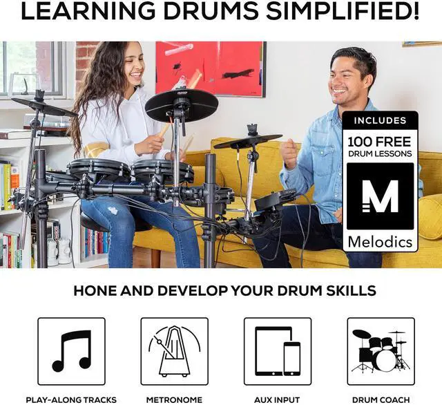 Alt view image 5 of 7 - Alesis Turbo Mesh Kit Electric Drum Set With 100+ Sounds, Quiet Mesh Drum Pads, Drum Sticks, Connection Cables, Drum Lessons