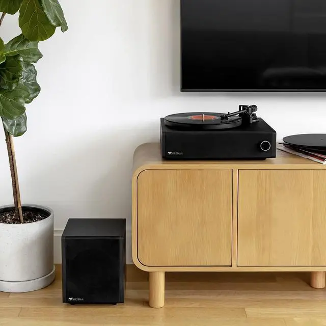 Alt view image 2 of 7 - Victrola V1 Music System â with Built-in Record Player, Stereo Soundbar, Powered Wireless 6.5" Subwoofer and 5.0 Bluetooth Streaming, Supports 33-1/3 and 45 RPM Vinyl Records (Espresso)