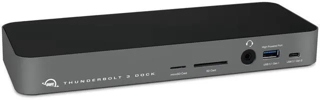 Main image of OWC 14-Port Thunderbolt Dock, 85W charging, (2) Thunderbolt 40 Gb/s (USB-C), (5) USB 3.2 Type-A, USB 3.2 (10Gb/s) Type-C, Mini DisplayPort, GbE, Audio, Single 5K or Dual 4K Displays, cable, For Mac/PC