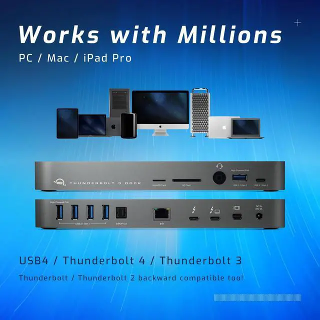 Alt view image 2 of 4 - OWC 14-Port Thunderbolt Dock, 85W charging, (2) Thunderbolt 40 Gb/s (USB-C), (5) USB 3.2 Type-A, USB 3.2 (10Gb/s) Type-C, Mini DisplayPort, GbE, Audio, Single 5K or Dual 4K Displays, cable, For Mac/PC