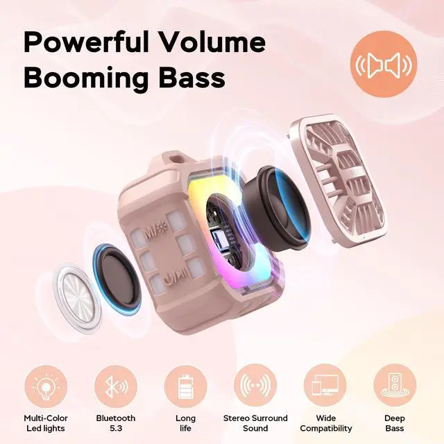 Alt view image 4 of 7 - INSMY Bluetooth Speaker,IP67 Waterproof,Portable,Shower Speaker, Wireless Sync 100+ Speakers,Big Volume Booming Bass, 24H Playtime/Floatable/RGB Lights/BT5.3 for Outdoor/Beach (Pink)
