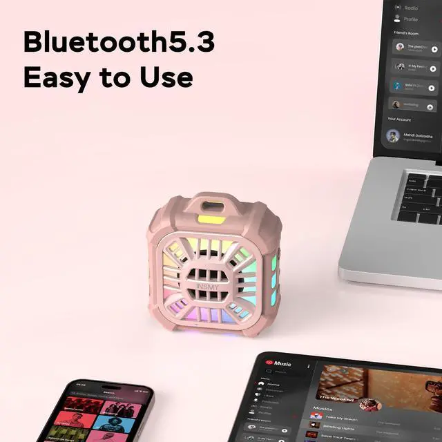 Alt view image 7 of 7 - INSMY Bluetooth Speaker,IP67 Waterproof,Portable,Shower Speaker, Wireless Sync 100+ Speakers,Big Volume Booming Bass, 24H Playtime/Floatable/RGB Lights/BT5.3 for Outdoor/Beach (Pink)