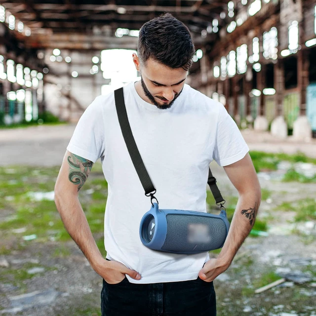 Alt view image 6 of 7 - Silicone Case Cover for JBL Charge 5 Waterproof Portable Bluetooth Speaker, Travel Carrying Protective Gel Soft Skin, Waterproof Rubber Pouch with Shoulder Strap and Carabiner - Blue