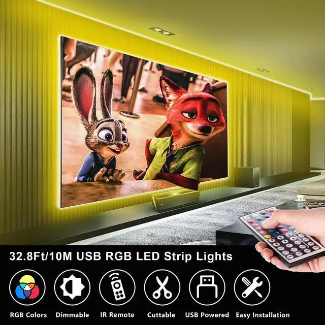 Alt view image 2 of 7 - HOUHUI LED Strip Lights 32.8Ft, RGB LED Lights Strip for Bedroom, Color Changing Strip Lights Kit with 44-Keys Remote, Dimmable USB LED Light Strip for Room, Kitchen, Home, Bar, Party DIY Decoration