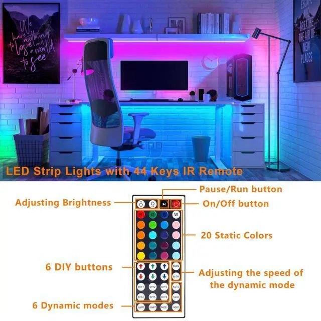 Alt view image 4 of 7 - HOUHUI LED Strip Lights 32.8Ft, RGB LED Lights Strip for Bedroom, Color Changing Strip Lights Kit with 44-Keys Remote, Dimmable USB LED Light Strip for Room, Kitchen, Home, Bar, Party DIY Decoration