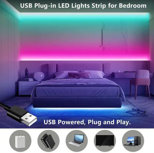 Alt view image 6 of 7 - HOUHUI LED Strip Lights 32.8Ft, RGB LED Lights Strip for Bedroom, Color Changing Strip Lights Kit with 44-Keys Remote, Dimmable USB LED Light Strip for Room, Kitchen, Home, Bar, Party DIY Decoration