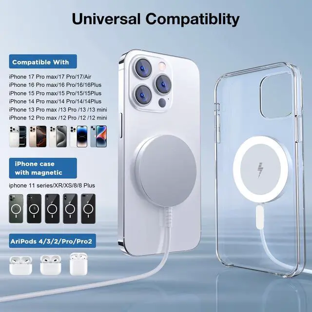 Alt view image 2 of 7 - for MagSafe Charger: Magnetic Wireless Charging Pad for iPhone 17 16 15 14 13 12 Series & AirPods 4-2 Pro, Strong Magnet, Aluminum Alloy, USB-C/A Ports, Ultra-Thin & Portable, Ideal for Desk & Bedside