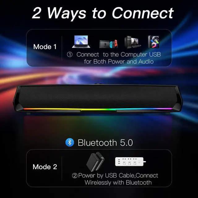 Alt view image 3 of 7 - Computer Speakers for Desktop,PC Speakers Gaming Sound bar with Colorful Light,USB Speaker With Bluetooth for PCs Monitor Laptop Tablets,Wired Bluetooth Speaker for Phones(Type-C Adapter Included)