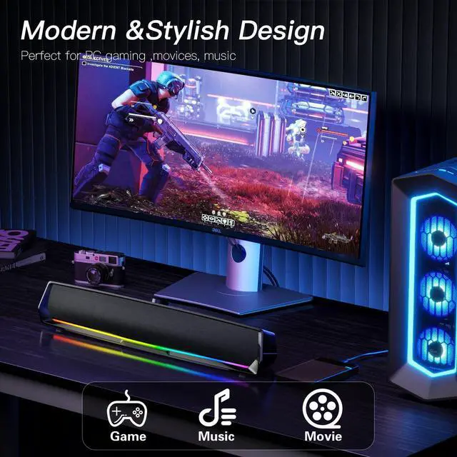 Alt view image 6 of 7 - Computer Speakers for Desktop,PC Speakers Gaming Sound bar with Colorful Light,USB Speaker With Bluetooth for PCs Monitor Laptop Tablets,Wired Bluetooth Speaker for Phones(Type-C Adapter Included)