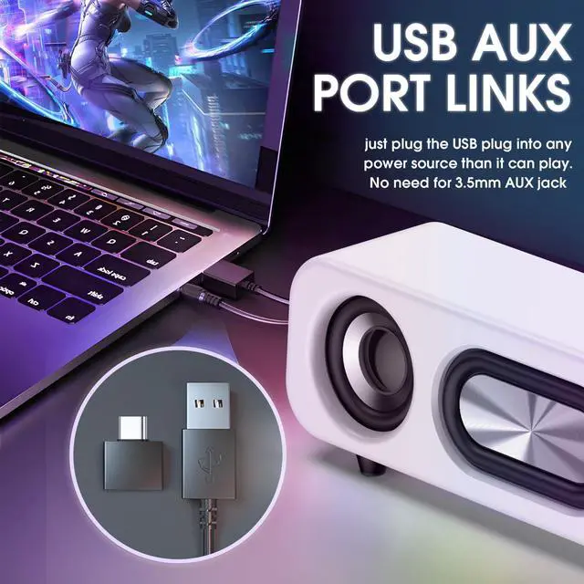 Alt view image 7 of 7 - Uakinat Computer Speakers, HiFi Sound Quality Computer Sound Bar,Wired USB-Powered Sound-bar with 6W Stereo Sound for Desktop, Laptops, PCs, Phones, Tablets, Xbox, Gaming Speakers(White)